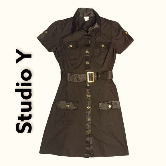 STUDIO Y Brown Button Up Collared with Belt Dress Size 3 - Picture 1 of 6